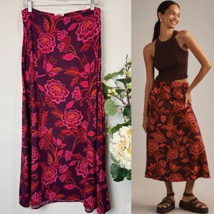 Farm Rio * Anthropologie satin-slip midi skirt Floral Burgundy Pink Orange Size